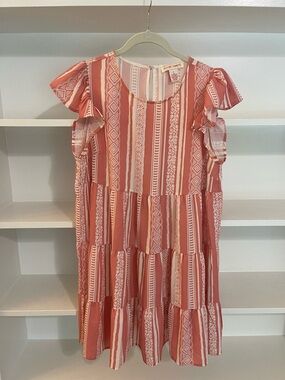 Tiered Coral Stripe Mini Dress with Ruffle Sleeves
